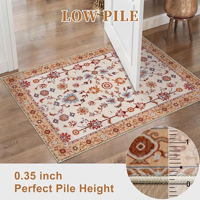 Tangsoo Floral Small Rug 2x3 Washable Rug for Entryways Vintage Non-Slip Area Rugs Orange Entry Rugs Distressed Floor Carpet Soft Low Pile Door Mat for Entrance Bedroom Kitchen Foyer Decor