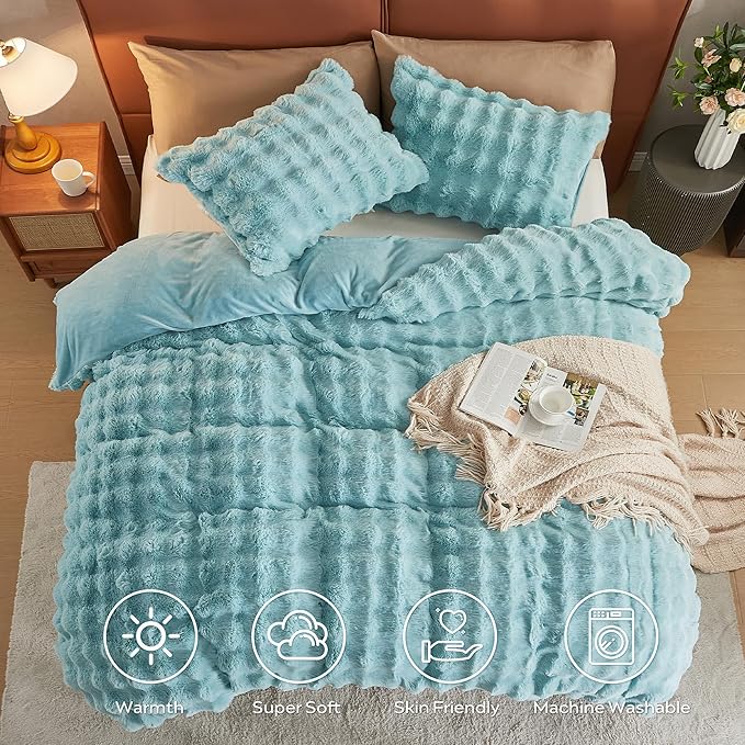 JELLYMONI Plush Duvet Cover Set - King Size Baby Blue Faux Fur Comforter Cover 3pcs Bedding Set Luxury Ultra Soft Striped Fluffy Duvet Cover with Zipper and 2 Pillowcases (NO Comforter)