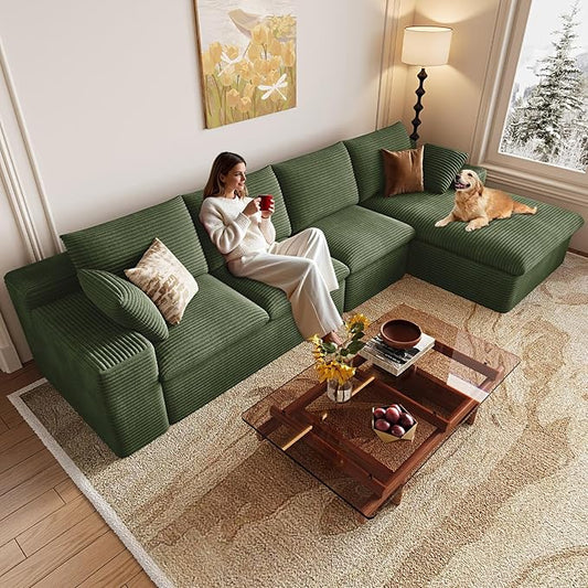 Cloud Sectional Couch,136 Inch Modular Sectional Sofa with Deep Seat, Modern Corduroy Boneless Couches with L-Shape Chaise for Living Room Bedroom, No Assembly Required (Green, Right Facing Chaise)