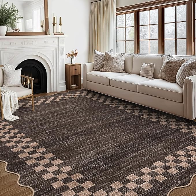 GarveeHome Scalloped Washable Rug 9x12 Area Rug for Living Room Modern Border Large Bedroom Throw Carpet with Rubber Backing Stain Resistant Boho Rug for Dining Room Home Decor Office, Brown