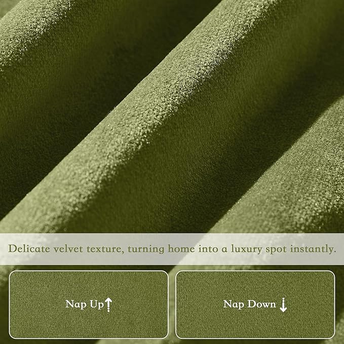 StangH Olive Green Pinch Pleat Velvet Curtains, Super Soft Room Darkening Bedroom Curtains with Privacy Thermal Insulated Elegant Home Decor for Living Room Home Office, W40 x L96, 2 Panels