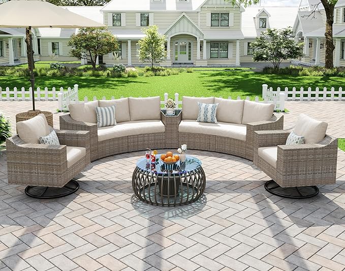 9-Piece Wicker Patio Furniture Set with Swivel Rocking Chairs, Curved Sectional Sofa with Storage Table, All-Weather Outdoor Conversation Set with 6" Armrests, for Backyard/Garden/Deck