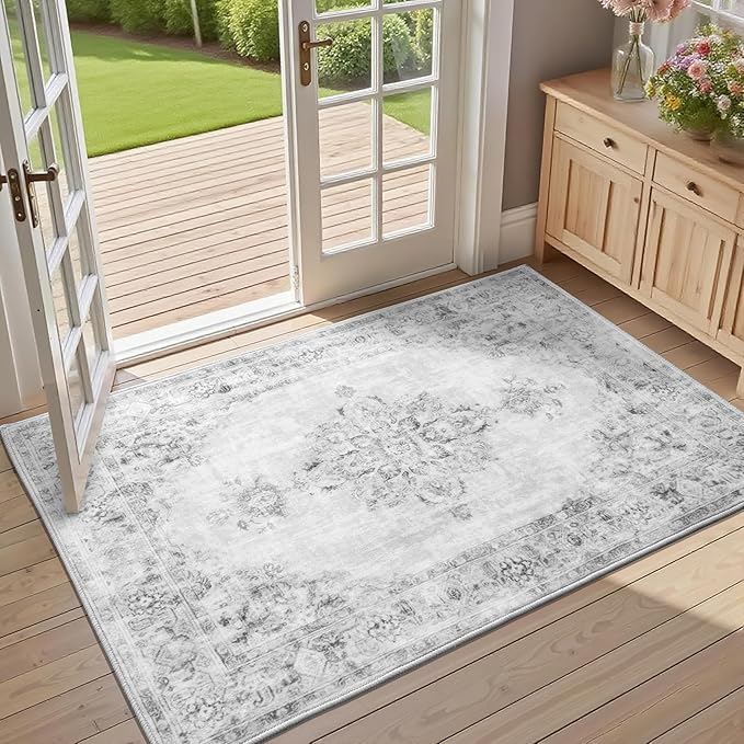 Area Rug 2x3, Washable Rug for Entryway Indoor, Small Area Rug for Living Room Entrance, Vintage Rug for Bedroom Doormat, Non Slip Soft Low Pile Carpet for Kitchen, Hallway, Office, Light Grey