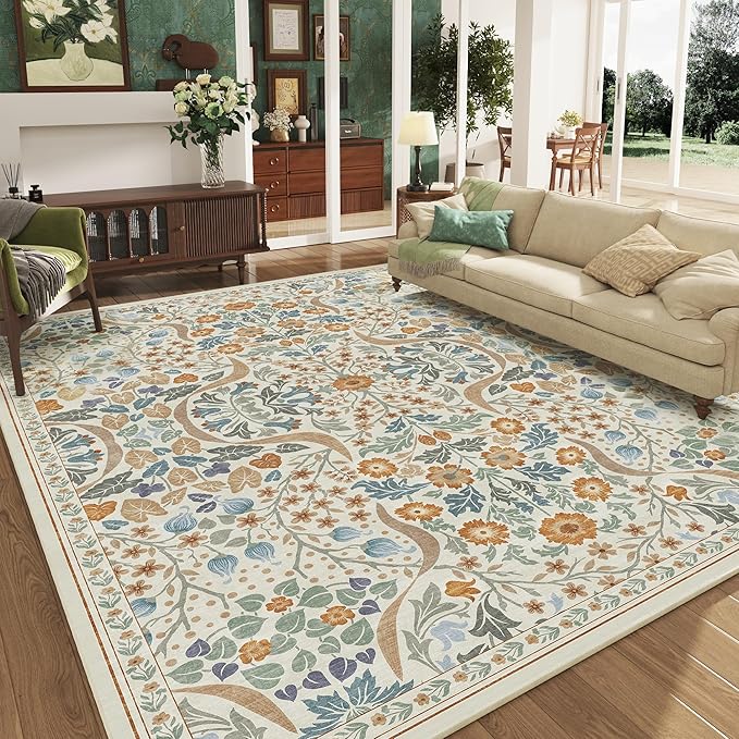 8x10 Floral Washable Area Rug for Living Room, Non-Slip Soft Vintage Boho Carpet, Botanical Forest Beige Low Pile Rugs for Bedroom, Dinning Room, Home Office, Dorm, Nursery, Beige