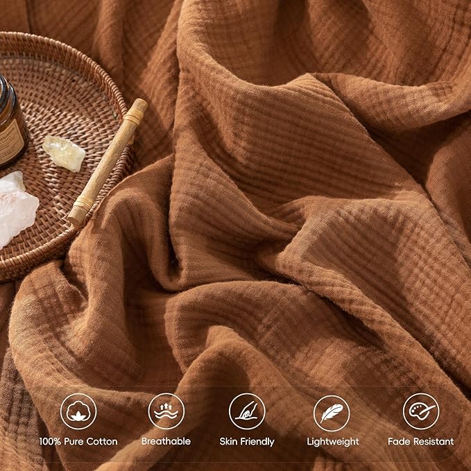 MooMee Muslin Blanket - 100% Cotton 4-Layer Gauze Throw Blanket with All-Around Fringe, Ultra-Soft Breathable Lightweight Cooling Decorative for Bed, Sofa & Couch (Drak Orange,King 104" x 90")