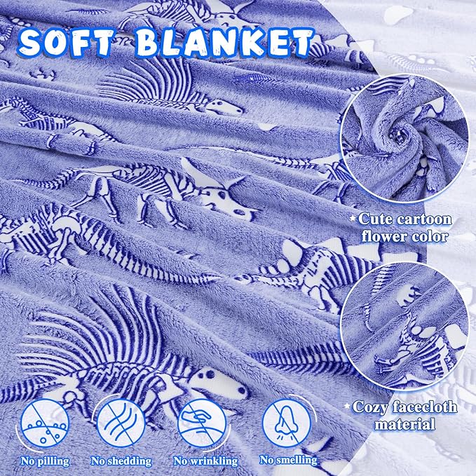 inhand Dinosaur Toys for Kids Glow in The Dark Dinosaur Blanket Christmas Birthday Valentine's Day Easter Party Decorations Favors,3 4 5 6 7 8 9 10 11 12 13 Year Old Boy Gifts（50"X60" Blue Dino