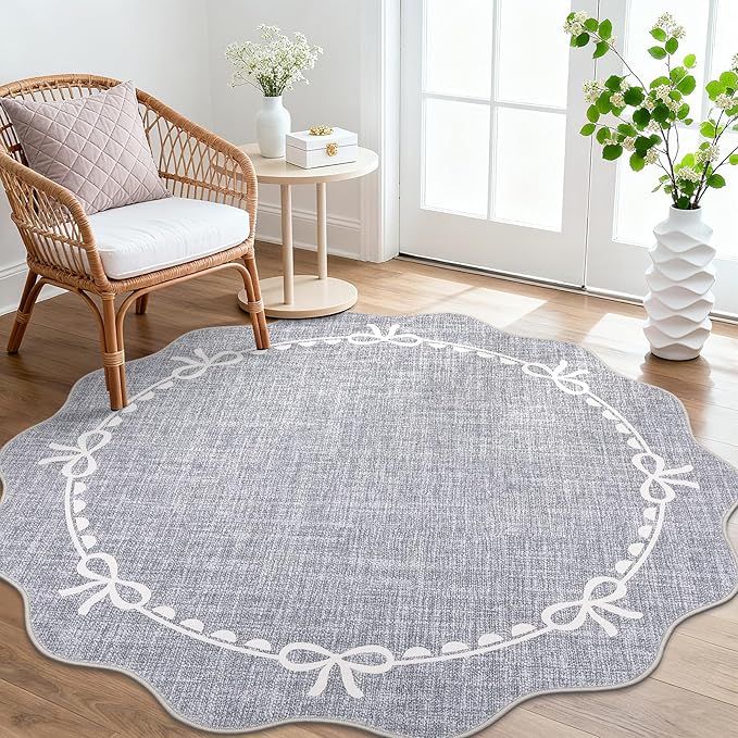 GarveeHome Scalloped Bow Rug for Living Room, 5ft Round Rugs Washable Solid Grey Rug for Dorm Soft Low Pile Non Slip Scalloped Rugs for Nursery Bedroom Decor Hallway Kids Room Playroom