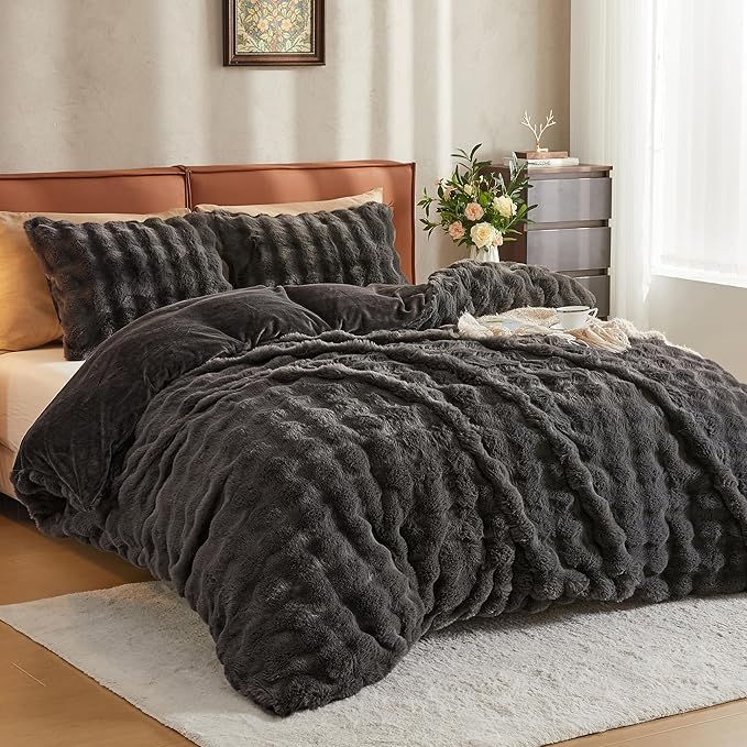 JELLYMONI Plush Duvet Cover Set - Twin Size Dark Gray Faux Fur Comforter Cover 2pcs Bedding Set Luxury Ultra Soft Striped Fluffy Duvet Cover with Zipper and 1 Pillowcase (NO Comforter)