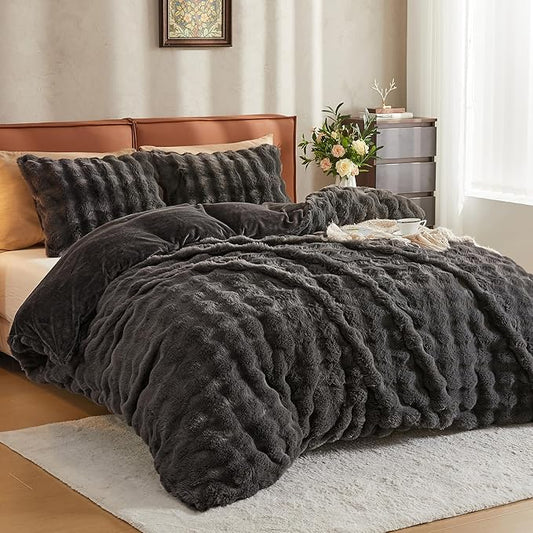 JELLYMONI Plush Duvet Cover Set - Twin Size Dark Gray Faux Fur Comforter Cover 2pcs Bedding Set Luxury Ultra Soft Striped Fluffy Duvet Cover with Zipper and 1 Pillowcase (NO Comforter)