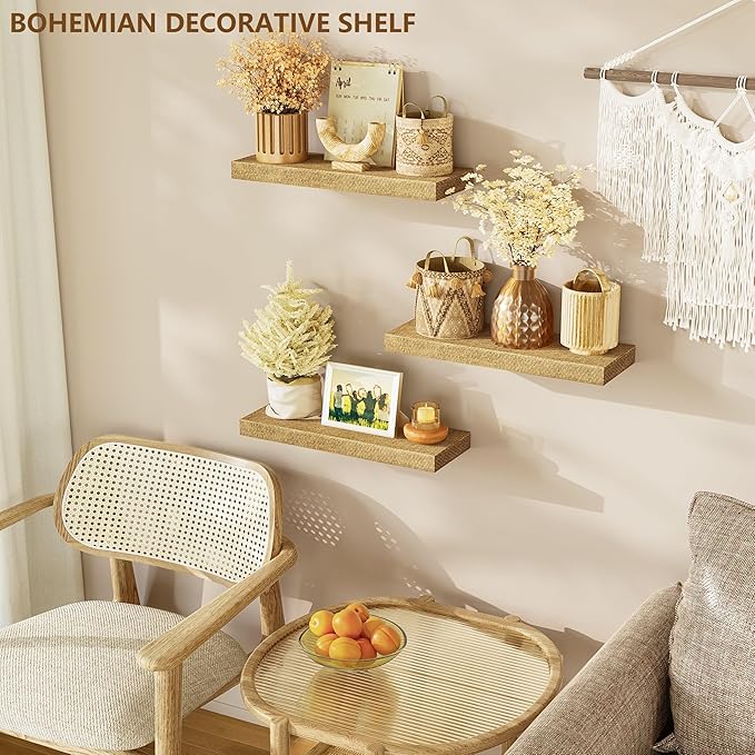 Alsonerbay Rattan Floating Shelves for Wall Set of 3, 15.7 Inch Wood Shelves Wall Mounted with Invisible Bracket for Bedroom Living Room Nursery and More