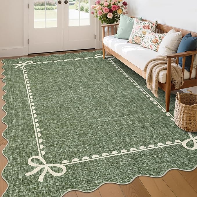GarveeHome Scalloped Bow Rug for Living Room, Solid Green Rug for Dorm, Washable Rugs 6x9 Soft Low Pile Non Slip Scalloped Rugs for Nursery College Bedroom Decor Kids Room Playroom