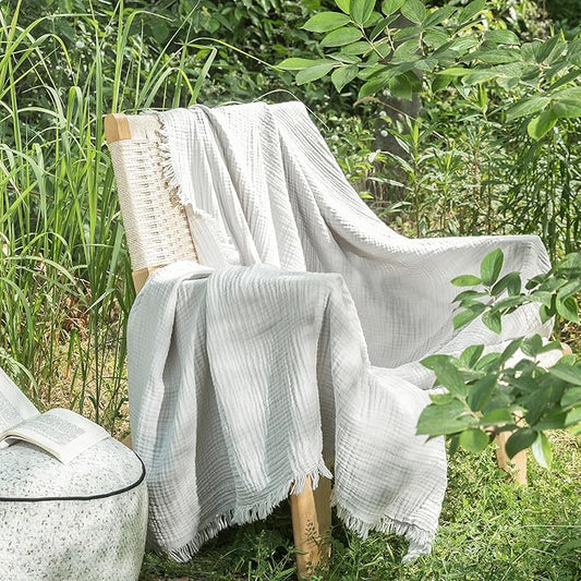 MooMee Muslin Blanket - 100% Cotton 4-Layer Gauze Throw Blanket with All-Around Fringe, Ultra-Soft Breathable Lightweight Cooling Decorative for Bed, Sofa & Couch (Light Grey,Twin XL 66" x 90")