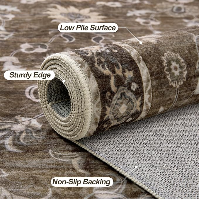 Tangsoo 3x5 Brown Washable Rug, Vintage Throw Entryway Rugs Non Slip, Soft Low Pile Floor Rug Floral Indoor Area Rugs Carpet for Living Room Bedroom Office Laundry Bedside Entry Entryway Farmhouse