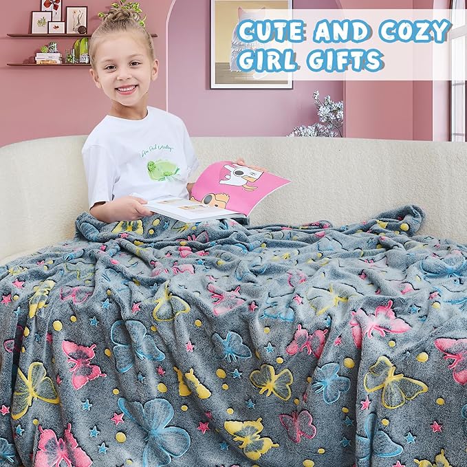 inhand Butterfly Toys for 2 3 4 5 6 7 8 9 10 Year Old Girls,Girl Birthday Gifts Glow in The Dark Blanket Soft Fleece Decorations for Kids Room（50"X60" Butterfly）