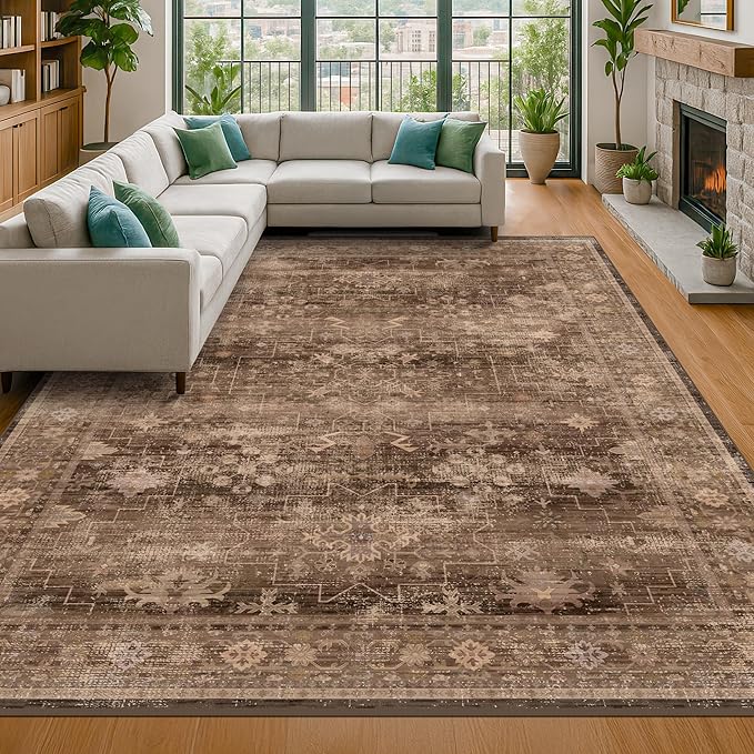 Boho Taupe Living Room Rug 7x10 -Vintage Traditional Oriental Neutral Brown, Washable Low Pile Non-Slip Extra Large Area Rugs for Dining Under Table Bedroom Lounge