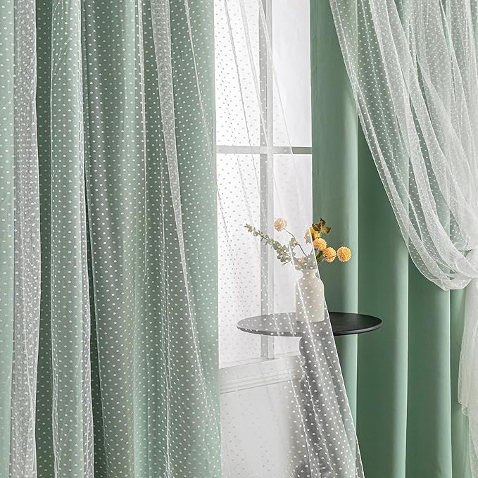 MYSKY HOME Curtains for Girls Bedroom & Nursery Kids Green Cute Curtains 63 inch Long Double Layer with Polka Dots Sheer, Grommet Tops, 52" Wide Each Panel, 2 Panels