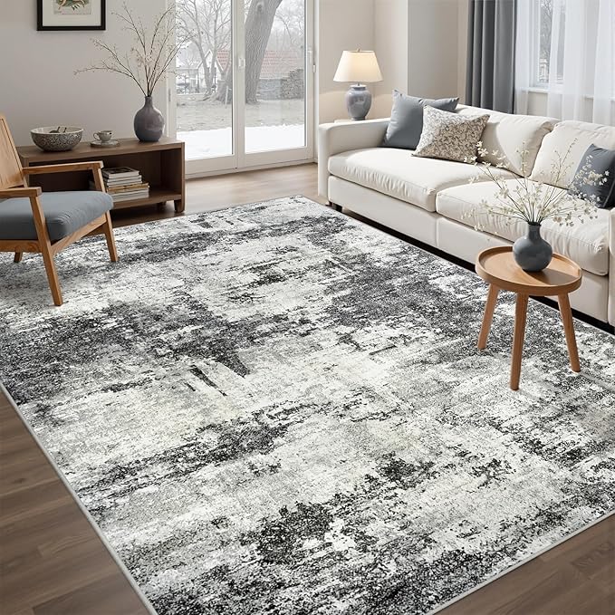 Washable Rug 6x9 Area Rugs: Soft Large Living Room Rug with Anti-Slip Backing Non-Shedding Stain-Resistant Modern Abstract Carpet for Bedroom Dining Room Nursery Home Office-Black