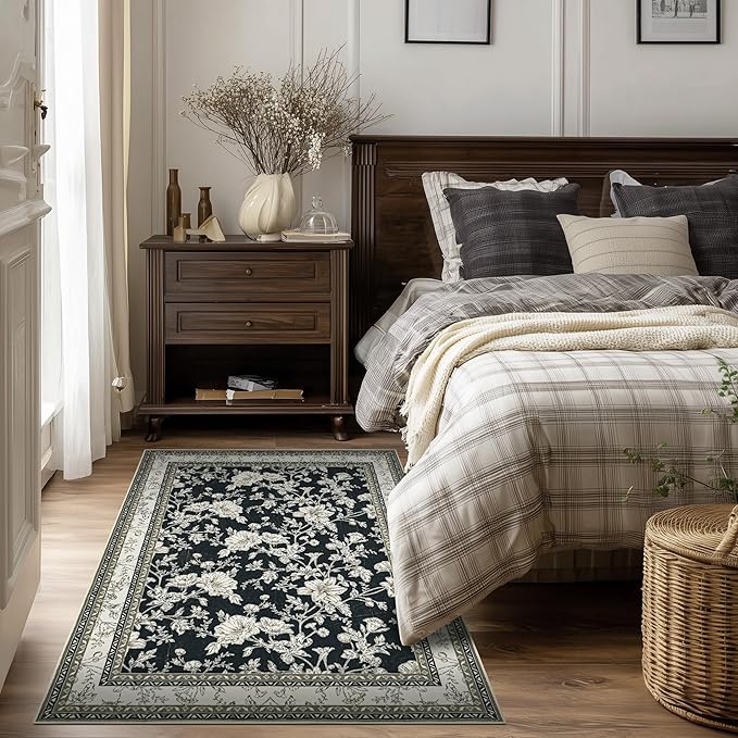 Black Floral Area Rug for Entryway 2x3 Washable Small Rug Low Pile Non Slip Distressed Entry Mat Soft Farmhouse Indoor Entrance Door Mat for Kitchen Bedroom Black with Beige Cream Taupe Floral Design