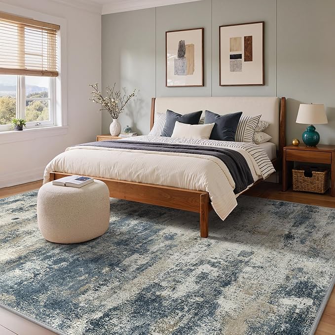 GENIMO Abstract Area Rug 9x12, Washable Large Modern Rug Non Slip, Low Pile Lightweight Soft Carpet for Living Room, Bedroom, Dining Room, Navy Blue