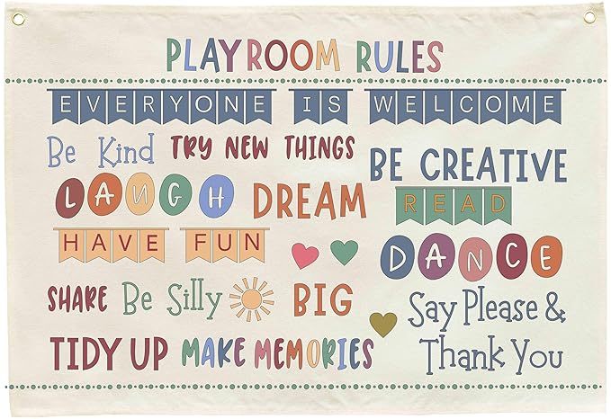 Playroom Kids Toddler Room Wall Decor, Play Room Rules Wall Decor for Kids Play Game Room Bedroom Nursery Home School Playroom Essentials,Canvas Rectangular Banner Poster 28.5x20 Inch