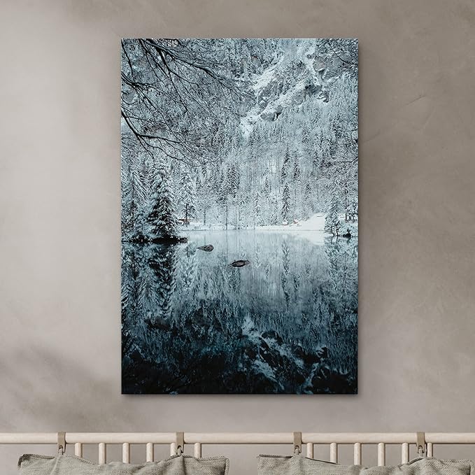 SIGNWIN Canvas Wall Art Woodland Nursery Decor Magical Winter Reflection Lake Nature Forest Photography Realism Rustic Scenic Dramatic Multicolor Cool for Living Room - 12"x18" inches