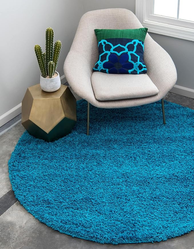 Unique Loom Solid Shag Collection Area Rug (5' 1" Round, Turquoise)
