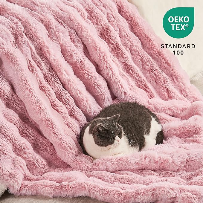 JELLYMONI Plush Duvet Cover Set - Queen Size Pink Faux Fur Comforter Cover 3pcs Bedding Set Luxury Ultra Soft Striped Fluffy Duvet Cover with Zipper and 2 Pillowcases (NO Comforter)