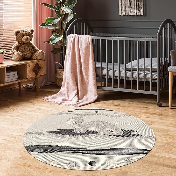 Hauteloom Kids Room, Nursery Round Area Rug - Outdoor Patio Safe - Animal Dinosaur Playroom Carpet - Beige, Gray, Black, Cream - 5'3"
