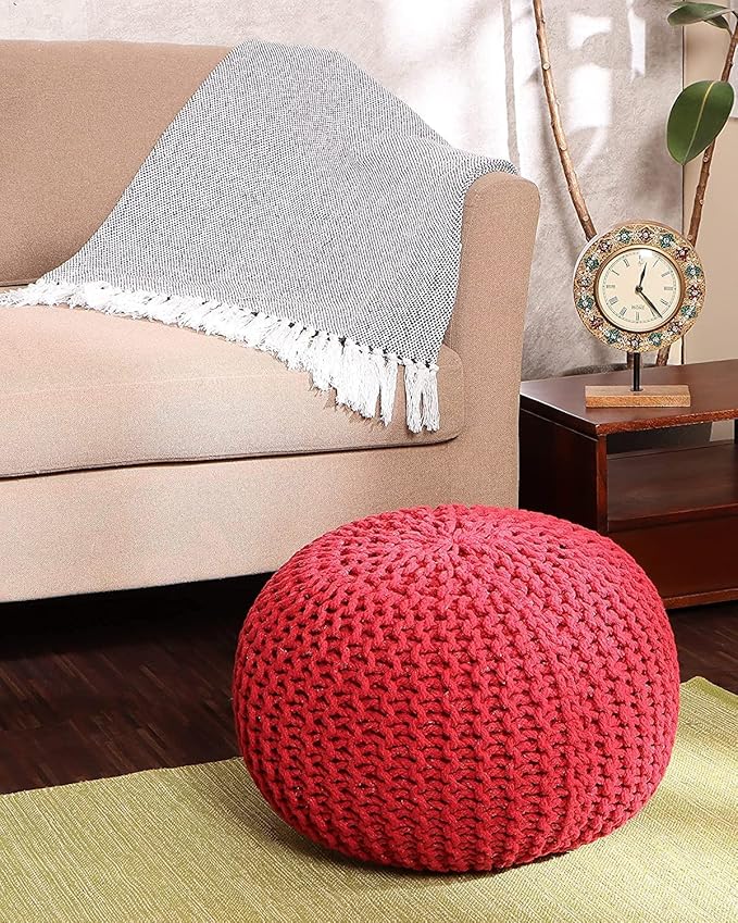 REDEARTH · Round Pouf Ottoman - Hand Knitted Cable Boho Poof - Foot Stool Bean Bag - Home Décor Stuffed Footrest for Living Room - Nursery - Bedroom - 100% Cotton Poufs (19.5"x19.5"x14") - Red