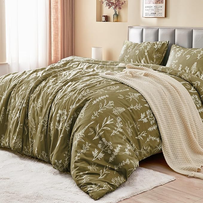 MUXHOMO Duvet Cover King Size, Reversible Floral Olive Green Duvet Cover Set with Zipper Closure, 3 Pieces Botanical Patterns Soft Microfiber Bedding Set (90"x104", 2 Pillow Cases 20"×36")