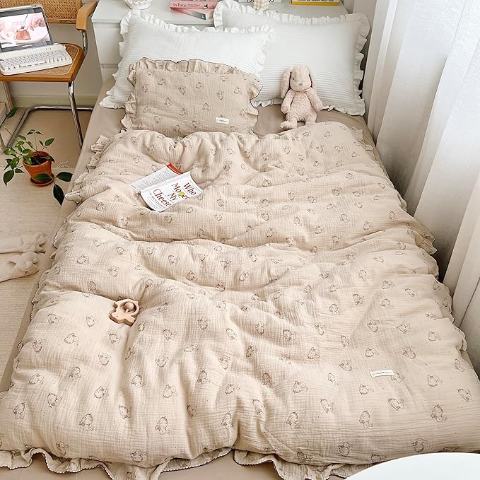 AOJIM Rabbit Muslin Kids Duvet Cover for Girls Boys, 1 Piece Pure Cotton Toddler Bedding Comforter Cover 47X59 inches, 2-Layer Gauze Chic Duvet Cover with Ruffled Edges for Crib, No Comforter Insert