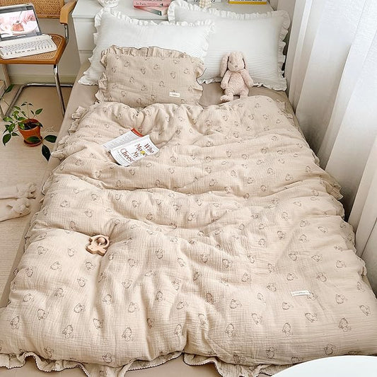 AOJIM Muslin Cotton Kids Duvet Cover with Ruffled Edges for Boys Girls, 1 Piece Soft Pure Cotton Comforter Cover Twin Size 68X86'', Rabbit Kids Bedding Duvet Cover for Room Decor, No Quilt/Pillow