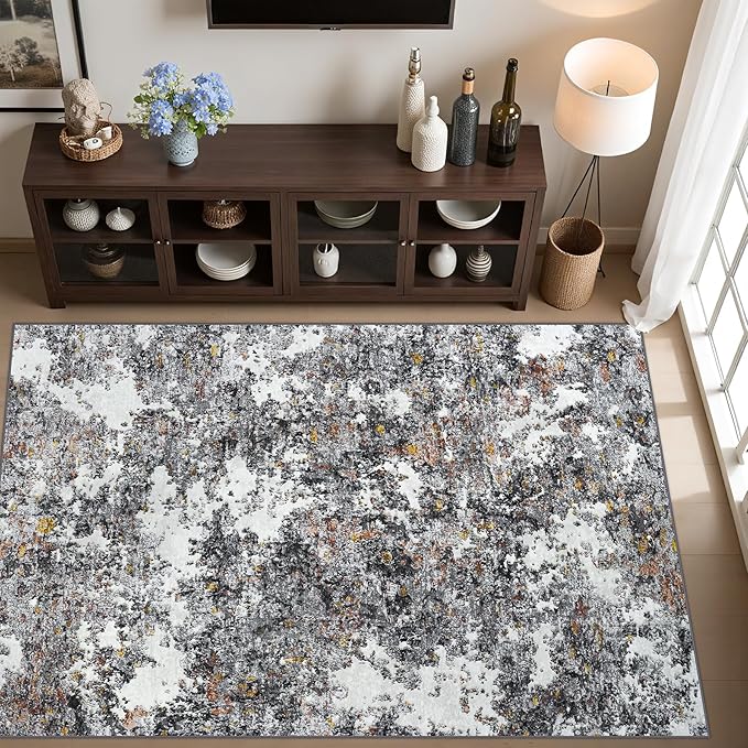 Area Rug Living Room Rugs: 5x7 Washable Rug with Anti-Slip Backing Non-Shedding Stain-Resistant Foldable Modern Abstract Carpet for Bedroom Dining Room Nursery Home Office (Gray/Multi)