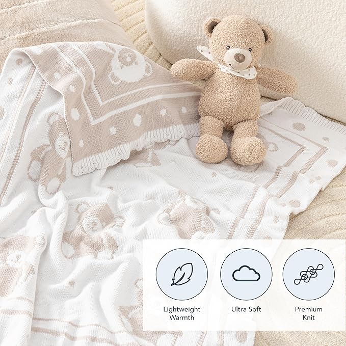 Berkshire Baby Blanket,Ultra-Plush Reversible Chenille Knit Toddler Blanket,Cute Pattern Nursery Crib Blanket,Ideal Baby Gift(30x40 Inches,Teddy Bear Knit White-Tan)
