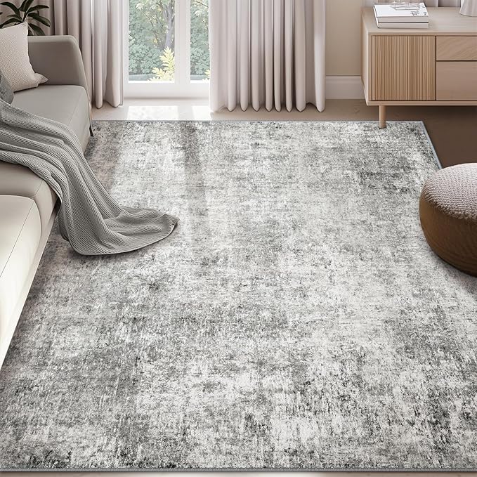 Washable Area Rugs 6'x9' Non-Slip Modern Abstract Soft for Living Room Entryway Bedroom Nursery, Print Pattern, Gray White Grey