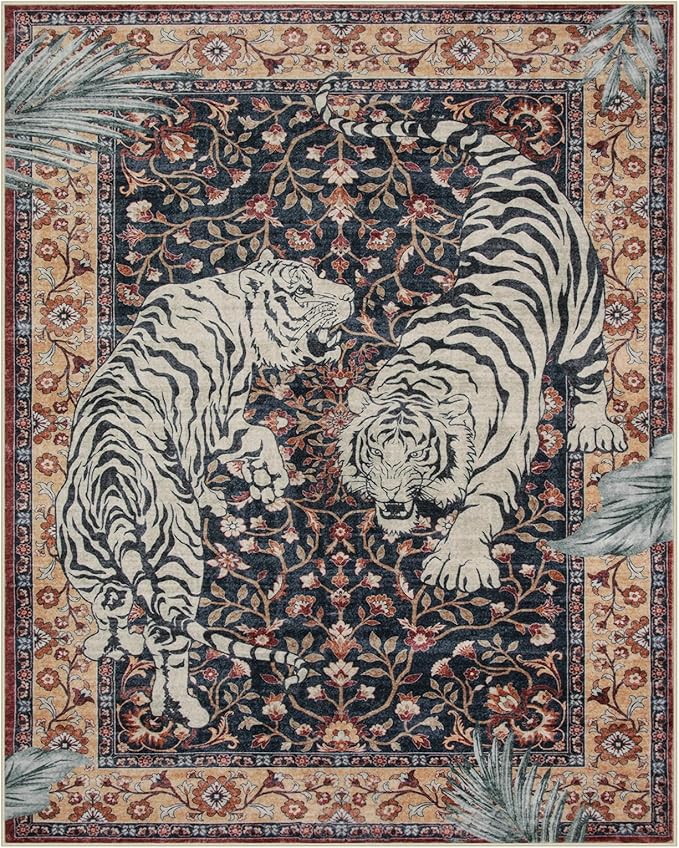 Moynesa Tiger Washable Area Rugs 8x10, Large Boho Rugs for Living Room, Vintage Non Slip Dining Room Rugs for Under Table, Ultra Thin Soft Floor Carpet for Office Bedroom, Puce Red