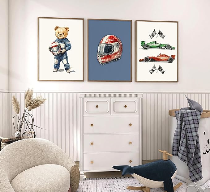 BMFLFWXE Vintage Racing Car Nursery Wall Art Teddy Bear Pictures Wall Decor Boy Navy Blue Vehicle Posters Retro Sport Painting Canvas Print Artwork for Kids Boy Room Playroom, Unframed