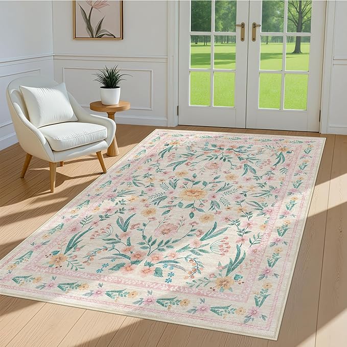 3x5 Nursery Rug,Pink Rugs for Bedroom Girls,Machine Washable Non Slip Soft Faux Wool Carpet,Boho Floral Rugs for Bedroom Entryway Dorm
