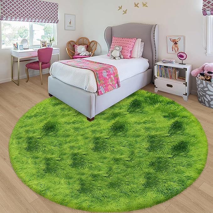7 ft Large Fluffy Round Green Grass Area Rugs for Bedroom,Soft Shaggy Circular Rug Plush Fluffy Circle Carpet Fuzzy for Living Room Nursery Baby Toddler Room Playroom Dorm Home Decor Aesthetic
