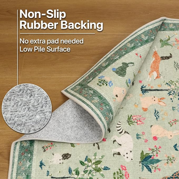 Rugs for Living Room 5x7 Floral Animal Print Area Rug Machine Washable Rug, Non Slip Low Pile Carpet for Bedroom, Entryway, Light Green