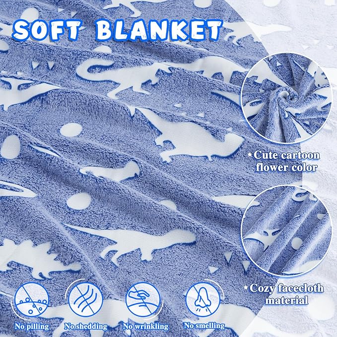 inhand Dinosaur Toys for Kids Glow in The Dark Dinosaur Blanket Christmas Birthday Valentine's Day Easter Party Decorations Favors,2 3 4 5 6 7 8 9 10 Year Old Boy Gifts Soft Blanket（50"X60" Blue Dino