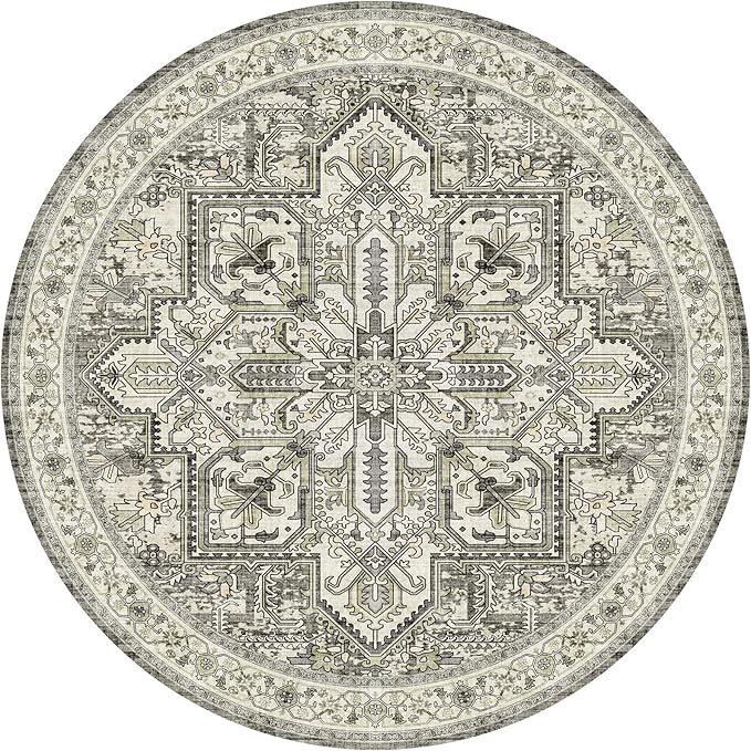 WITSHOCK Area Rug Round Rugs, 4Ft Oriental Circle Area Rugs for Living Room Machine Washable Non Slip Stain Backing Rug Soft Foldable, Vintage Rugs Home Office Kitchen Hallway Bedroom, Brown Lvory