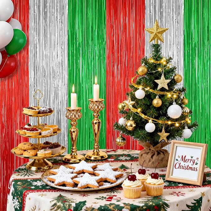 2 Pack Christmas Metallic Tinsel Foil Fringe Curtains, Door Streamers Photo Booth Backdrop for Birthday Party, Tinsel Curtain Backdrop for Christmas Theme Party Decorations, Red Silver and Green