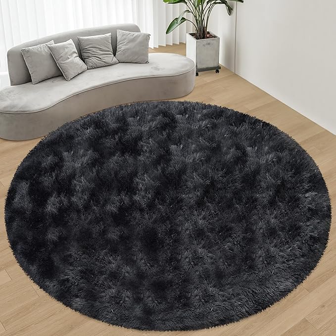 8 ft Round Fluffy Large Black Rug for bedroom,Tie Dyed Furry Round Carpet Non Slip Fuzzy Shaggy Plush Circle Big Area Rug for living room Room Nursery Room Playroom Kids Room Home Decor Washable