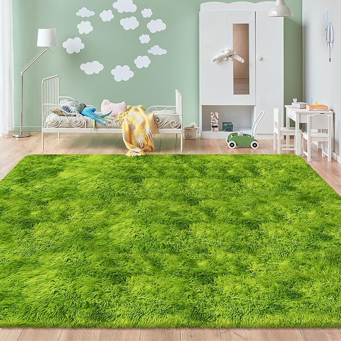 Soft Fluffy Grass Green Area Rug 8x10 for Bedroom Living Room Thick Plush Shaggy Rug Large Green Shag Carpet for Kids Room Dorm Baby Nursery Indoor Decor Aesthetic