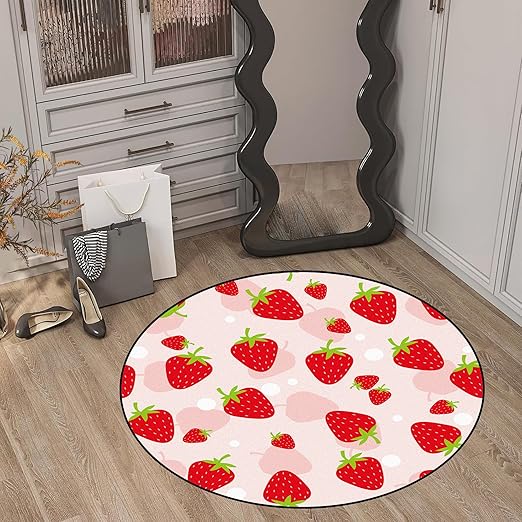 3Ft Round Strawberry Rug Kwaii Pink Circle Rugs for Bedroom Dorm Living Room Cute Area Rug Floor Mat Pad Doormat Carpet, 3'X3'(90x90cm)