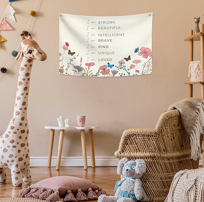 Positive Boho Girls Room Rectangular Banner Flag Wall Sign Decor Gift for Nursery Above Crib Bedroom Playroom Reading Room Essential Wall Decor-Baby Shower Christmas Gift-I Am Strong I Am Beautiful