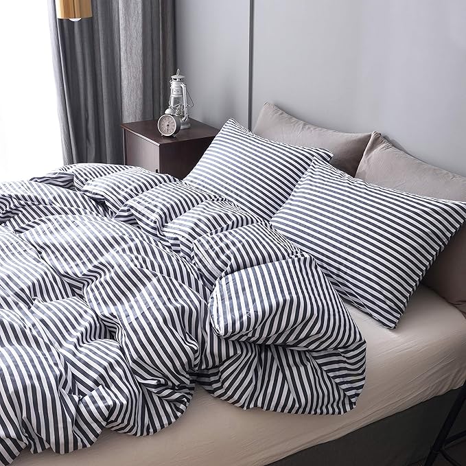 JELLYMONI 100% Natural Cotton 3pcs Striped Duvet Cover Sets,White Duvet Cover with Navy Blue Stripes Pattern Printed Comforter Cover,with Zipper Closure & Corner Ties(Cal King Size)