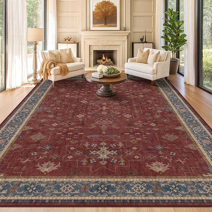 Oriental 9x12 Soft Rugs for Living Room - Dark Red Rugs for Bedroom Aesthetic, Dining Room Under Kitchen Table, Washable Soft Non Slip Large Area Vintage Décor