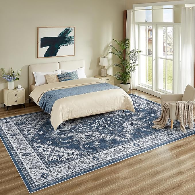 WITSHOCK Living Room Area Rugs 10x14: Washable Rug Boho Soft Non-Slip Low Pile Stain Resistant Foldable Carpet for Bedroom Playroom Dining Room Office Kitchen Farmhouse Home Decor Rug-Blue